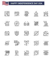 25 USA Line Signs Independence Day Celebration Symbols of thanksgiving muffin cell dessert phone Editable USA Day Vector Design Elements