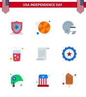 4 de julio usa feliz día de la independencia icono símbolos grupo de 9 modernos pisos de vidrio casco americano texto vino editable usa día elementos de diseño vectorial vector