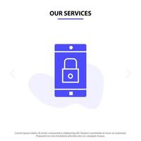 Our Services Application Lock Lock Application Mobile Mobile Application Solid Glyph Icon Web card Template vector