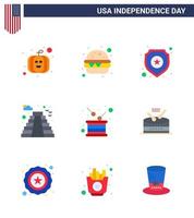 Pack of 9 USA Independence Day Celebration Flats Signs and 4th July Symbols such as independence drum star day landmark Editable USA Day Vector Design Elements