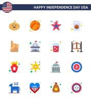 conjunto moderno de 16 pisos y símbolos en el día de la independencia de estados unidos, como la mano de espuma de estados unidos, soda americana, cola, elementos de diseño vectorial editables del día de estados unidos vector