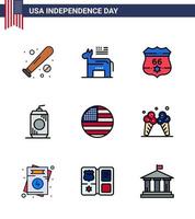 USA Happy Independence DayPictogram Set of 9 Simple Flat Filled Lines of american drink symbol cola security Editable USA Day Vector Design Elements