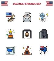 feliz día de la independencia 9 líneas llenas planas paquete de iconos para web e imprimir campana de navidad alerta correo trofeo logro elementos de diseño vectorial del día de estados unidos editables vector