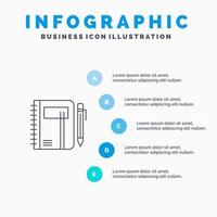 libro de trabajo nota comercial bloc de notas pluma boceto línea icono con 5 pasos presentación infografía fondo vector