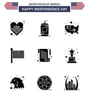 USA Happy Independence DayPictogram Set of 9 Simple Solid Glyphs of receipt usa map united flag Editable USA Day Vector Design Elements