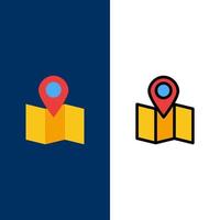 iconos de puntero de mapa de ubicación plano y conjunto de iconos rellenos de línea vector fondo azul