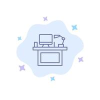 Computer Desk Desktop Monitor Office Place Table Blue Icon on Abstract Cloud Background vector