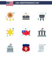 Group of 9 Flats Set for Independence day of United States of America such as united map barbecue star military Editable USA Day Vector Design Elements