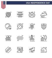 Big Pack of 16 USA Happy Independence Day USA Vector Lines and Editable Symbols of ball helmet festival football mortar Editable USA Day Vector Design Elements