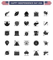 Happy Independence Day USA Pack of 25 Creative Solid Glyph of st irish cake instrument thanksgiving Editable USA Day Vector Design Elements
