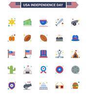 Stock Vector Icon Pack of American Day 25 Flat Signs and Symbols for weapon canon tea army bat Editable USA Day Vector Design Elements