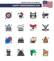 Pack of 16 creative USA Independence Day related Flat Filled Lines of house weapon bridge army gun Editable USA Day Vector Design Elements