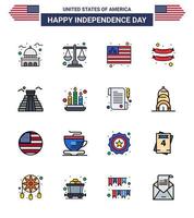 Pack of 16 creative USA Independence Day related Flat Filled Lines of american building scale sausage food Editable USA Day Vector Design Elements