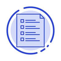 lista de verificación verificar archivo lista página tarea prueba línea punteada azul icono de línea vector