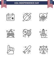 Set of 9 Vector Lines on 4th July USA Independence Day such as balloons usa american landmark building Editable USA Day Vector Design Elements