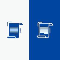 documento informe nota papel directrices línea y glifo icono sólido banner azul vector