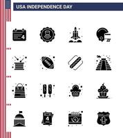 Pack of 16 USA Independence Day Celebration Solid Glyphs Signs and 4th July Symbols such as drum helmet launcher football usa Editable USA Day Vector Design Elements