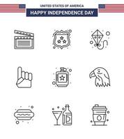 conjunto de 9 iconos del día de ee.uu. símbolos americanos signos del día de la independencia para matraz cometa alcohólica elementos de diseño de vector de día de ee.uu. editables a mano americana