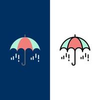 paraguas lluvia clima primavera iconos plano y línea llena conjunto de iconos vector fondo azul