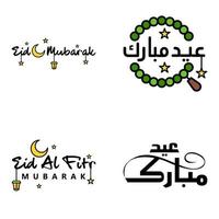 Eid Mubarak Ramadan Mubarak Background Pack of 4 Greeting Text Design with Moon Gold Lantern on White Background vector