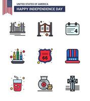 9 USA Flat Filled Line Signs Independence Day Celebration Symbols of security fire saloon candle date Editable USA Day Vector Design Elements