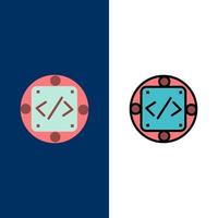 Code Custom Implementation Management Product  Icons Flat and Line Filled Icon Set Vector Blue Background