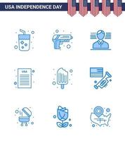 Set of 9 Vector Blues on 4th July USA Independence Day such as ice cream cream man cold declaration of independence Editable USA Day Vector Design Elements