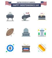 Happy Independence Day USA Pack of 9 Creative Flats of city usa drum sport ball Editable USA Day Vector Design Elements