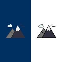 montañas naturaleza paisaje viajes iconos plano y línea llena conjunto de iconos vector fondo azul