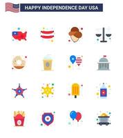 Set of 16 USA Day Icons American Symbols Independence Day Signs for food round cowboy donut law Editable USA Day Vector Design Elements