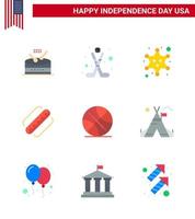Pack of 9 creative USA Independence Day related Flats of ball states badge hotdog america Editable USA Day Vector Design Elements