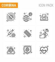 Coronavirus Precaution Tips icon for healthcare guidelines presentation 9 Line icon pack such as syring coronavirus coronavirus tissue box napkin viral coronavirus 2019nov disease Vector Design