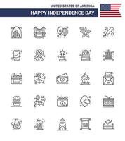 Stock Vector Icon Pack of American Day 25 Line Signs and Symbols for baseball flag cityscape american party Editable USA Day Vector Design Elements