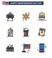 Happy Independence Day 4th July Set of 9 Flat Filled Lines American Pictograph of american usa burger drink bottle Editable USA Day Vector Design Elements