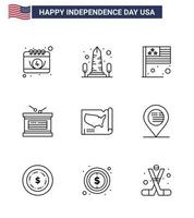 4th July USA Happy Independence Day Icon Symbols Group of 9 Modern Lines of map independece washington holiday usa Editable USA Day Vector Design Elements