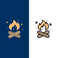 campamento camping fuego naturaleza caliente iconos planos y llenos de línea conjunto de iconos vector fondo azul