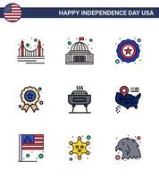 gran paquete de 9 estados unidos feliz día de la independencia líneas planas llenas de vector de estados unidos y símbolos editables de barbacoa día de la independencia punto de referencia independencia estados unidos elementos de diseño de vector de día de estados unidos editables