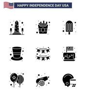 Happy Independence Day USA Pack of 9 Creative Solid Glyphs of decoration american cream magic hat cap Editable USA Day Vector Design Elements