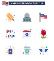 Happy Independence Day Pack of 9 Flats Signs and Symbols for american decoration american buntings american day Editable USA Day Vector Design Elements