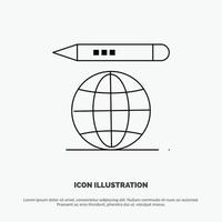 World Education Globe Pencil Vector Line Icon