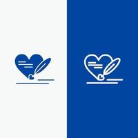 bolígrafo amor corazón línea de boda y glifo icono sólido bandera azul línea y glifo icono sólido bandera azul vector