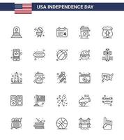 Set of 25 Vector Lines on 4th July USA Independence Day such as american sheild day usa drink Editable USA Day Vector Design Elements