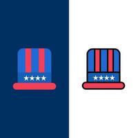 hat cap american usa iconos planos y llenos de línea conjunto de iconos vector fondo azul