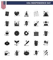 Pack of 25 creative USA Independence Day related Solid Glyph of building usa rocket american firework Editable USA Day Vector Design Elements