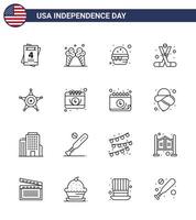 Modern Set of 16 Lines and symbols on USA Independence Day such as police america fast american ice hockey Editable USA Day Vector Design Elements