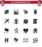 16 Creative USA Icons Modern Independence Signs and 4th July Symbols of bat usa star american ball Editable USA Day Vector Design Elements