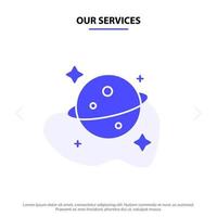 nuestros servicios planeta saturno espacio sólido glifo icono plantilla de tarjeta web vector