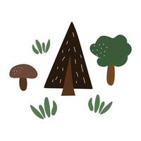 Doodle scandinavian style forest trees in summer. Christmas tree, mushroom flat design. vector