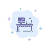 lugar de trabajo, computadora de negocios, lámpara de escritorio, mesa de oficina, icono azul en el fondo abstracto de la nube vector