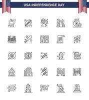 Stock Vector Icon Pack of American Day 25 Line Signs and Symbols for bag usa bloon landmark american Editable USA Day Vector Design Elements